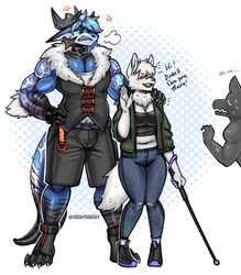  angry anthro big_breasts black_bottomwear black_clothing black_pants black_topwear black_vest blind blue_body blue_hair blue_scales bottomwear breasts bulge canid canine canis cleavage clenched_teeth clothed clothing collar cross-popping_vein denim denim_bottomwear denim_clothing dialogue disability domestic_dog dragon female fluffy fluffy_tail footwear fur green_clothing green_jacket green_topwear greeting group hair hand_on_shoulder hi_res horn jacket jeans jooshy julie_brynes koruda_(jooshy) larger_male male male/female mammal midriff muscular muscular_male mythological_creature mythological_scalie mythology navel nordic_sled_dog pants samoyed scales scalie shoes simple_background size_difference smaller_female spitz tail teeth toeless_footwear toeless_shoes topwear trio vest white_body white_fur white_hair 