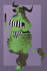  anthro ass big_butt bikini bovid bovine breasts brown_spots cattle clothed clothing deermary eyelashes female green_body green_eyes hands_on_hips hi_res hooves horn long_ears long_eyelashes mammal pattern_clothing slightly_chubby solo spots striped_clothing stripes swimwear tail tail_tuft thick_thighs tuft wide_hips 