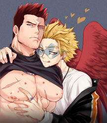  2boys :q absurdres bandaid bare_pectorals black_shirt blonde_hair boku_no_hero_academia clothes_lift couple endeavor_(boku_no_hero_academia) facial_hair feathered_wings grabbing hawks_(boku_no_hero_academia) helen_roro hickey highres large_pectorals lifting_another&#039;s_clothes male_focus mature_male multiple_boys muscular muscular_male muscular_uke nipple_piercing nipples pectoral_grab pectorals piercing red_hair red_wings scar scar_across_eye scar_on_chest scar_on_face shirt shirt_lift short_hair sideburns spiked_hair stubble tongue tongue_out wings yaoi 