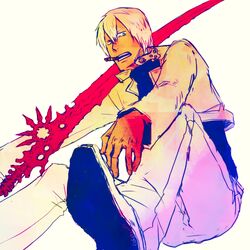  1boy beige_background cigarette fingernails hair_between_eyes jacket kekkai_sensen male_focus open_clothes open_jacket open_mouth over_shoulder signature simple_background sitting solo sowaka sword sword_over_shoulder teeth turtleneck weapon weapon_over_shoulder white_footwear white_hair white_jacket zap_renfro 