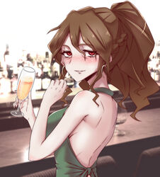  backless_dress backless_outfit bar_(place) bare_arms bare_back bare_shoulders blush braid breasts brown_hair champagne_flute commentary_request copyright_request cup dress drinking_glass earrings female french_braid green_dress grin hair_between_eyes halter_dress halterneck hands_up highres holding holding_cup imasaka_hakuno indie_virtual_youtuber indoors jewelry long_hair looking_at_viewer medium_breasts nose_blush parted_lips photo_background red_eyes sidelocks smile solo sumiosmith upper_body virtual_youtuber 