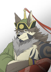  1boy absurdres animal_ears bad_id bad_pixiv_id bara brown_hair crossed_arms facial_hair furry furry_male goatee green_kimono hadanugi_dousa hair_between_eyes highres ioenami japanese_clothes kimono large_pectorals long_hair looking_at_viewer male_focus mature_male muscular muscular_male oerba_yun_fang open_clothes open_kimono pectorals sideburns single_bare_shoulder solo temujin_(housamo) tokyo_afterschool_summoners tusks wolf_boy wolf_ears 