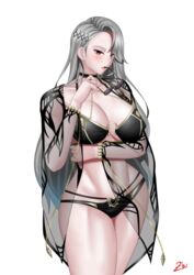  absurdres arm_under_breasts ass asymmetrical_hair bikini black-framed_eyewear black_bikini black_choker blush bracelet breasts brown_eyes carmilla_(fate) carmilla_(fate)_(cosplay) carmilla_(swimsuit_rider)_(fate) carmilla_(swimsuit_rider)_(fate)_(cosplay) carmilla_(swimsuit_rider)_(third_ascension)_(fate) chains choker collarbone commentary_request cosplay cowboy_shot diamond_(shape) eyewear_in_mouth fate/grand_order fate_(series) female gold_chain grey_hair hair_ornament hairclip highres holding holding_removed_eyewear jewelry large_breasts long_hair mouth_hold navel niijima_sae o-ring o-ring_bikini parted_hair persona persona_5 see-through signature simple_background solo stomach sunglasses swept_bangs swimsuit thighs unworn_eyewear white_background zinfian 