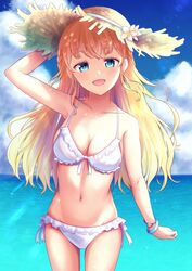  bikini blonde_hair blue_eyes blue_sky bracelet breasts cleavage cloud commentary_request cowboy_shot day female frilled_bikini frills hand_on_headwear hat horizon jewelry junineu long_hair looking_at_viewer medium_breasts navel ocean original outdoors sky smile solo standing straw_hat sun_hat swimsuit white_bikini 