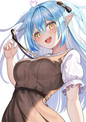  :d absurdres ahoge black_bow blue_hair blush bow breasts brown_dress colored_tips commentary_request dress ebinomi elf female frilled_sleeves frills hair_ornament hairbow heart heart_ahoge highres hololive long_hair looking_at_viewer medium_breasts multicolored_hair official_alternate_costume official_alternate_hairstyle open_mouth pinafore_dress pointy_ears puffy_short_sleeves puffy_sleeves short_sleeves sidelocks simple_background sleeveless sleeveless_dress smile snowflake_hair_ornament solo streaked_hair two_side_up upper_body virtual_youtuber white_background yellow_eyes yukihana_lamy yukihana_lamy_(casual) 