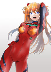  :d arm_up blue_eyes bodysuit breasts breasts_apart commentary contrapposto cowboy_shot female floating_hair gradient_background grey_background hair_between_eyes hand_in_own_hair hand_on_own_hip headgear highres ivuki long_hair looking_at_viewer medium_breasts neon_genesis_evangelion open_mouth orange_hair plugsuit rebuild_of_evangelion red_bodysuit smile solo souryuu_asuka_langley standing twintails very_long_hair 