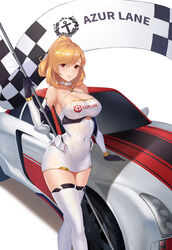  arm_support azur_lane bare_shoulders black_gloves black_sleeves blonde_hair blush breasts car checkered_flag choker cleavage clothes_writing clothing_cutout commentary_request copyright_name covered_navel cowboy_shot criss-cross_halter detached_sleeves eyebrows_hidden_by_hair female flag gloves hair_between_eyes halterneck highres holding holding_flag large_breasts leotard looking_at_viewer motor_vehicle official_alternate_costume parted_lips photoshop_(medium) ponytail prince_of_wales_(azur_lane) prince_of_wales_(the_laureate&#039;s_victory_lap)_(azur_lane) race_queen race_vehicle racecar red_eyes shadow sidelocks simple_background smile solo standing taut_clothes thighhighs underboob_cutout vococo white_background white_choker white_leotard 