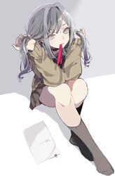  ayashiro_nanano bad_id bad_twitter_id binder_clip bow bowtie brown_sweater choker female grey_eyes grey_hair grey_socks kneehighs long_hair long_sleeves looking_at_viewer miniskirt mouth_hold na_ta53 paper pleated_skirt project_cold red_ribbon ribbon school_uniform shadow shirt sitting skirt socks solo striped striped_bow sweater twintails twintails_day tying_hair white_shirt 