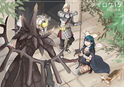  1boy 2girls :d animal_on_shoulder armor armored_dress black_dress black_pants black_shorts blue_eyes blue_hair byleth_(female)_(fire_emblem) byleth_(fire_emblem) canine cape cat_on_shoulder dress edelgard_von_hresvelg edelgard_von_hresvelg_(hegemon_husk) feline fire_emblem fire_emblem:_three_houses gatekeeper_(fire_emblem) grey_cape hair_between_eyes helmet kneeling long_hair multiple_girls open_mouth pants pantyhose_under_shorts robaco short_shorts shorts shoulder_armor smile soldier speech_bubble standing straight_hair sweatdrop white_hair 