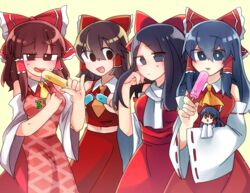  5girls :d apron ascot black_eyes black_hair blunt_bangs blush bow brown_eyes brown_hair closed_mouth commentary_request cookie_(touhou) cowboy_shot detached_sleeves dress eyes_visible_through_hair food frilled_bow frilled_hair_tubes frills hair_between_eyes hair_tubes hairbow hakurei_reimu hand_in_own_hair hari_(suzu_sato) highres hotaruda_(cookie) long_hair looking_at_another looking_at_viewer looking_to_the_side medium_hair midriff_peek mini_person minigirl multiple_girls necktie noel_(cookie) open_mouth orange_ascot orange_necktie pink_apron popsicle red_bow red_dress red_shirt red_skirt ribbon-trimmed_sleeves ribbon_trim rurima_(cookie) scarf shinonome_(cookie) shiromiya_rei shirt simple_background skirt smile sweat swept_bangs touhou white_scarf white_sleeves yellow_ascot yellow_background 