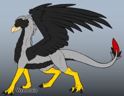  ambiguous_gender beak black_body black_feathers black_scales brown_eyes dragon feathers feet feral gradient_background grey_body grey_mane mane mythological_creature mythological_scalie mythology scales scalie simple_background solo wings wyndbain 