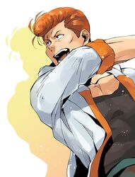  1boy black_shirt collarbone imuro jacket kuwabara_kazuma long_sleeves looking_to_the_side male_focus open_mouth orange_hair pompadour shadow shirt short_hair solo teeth upper_body white_jacket yu_yu_hakusho 