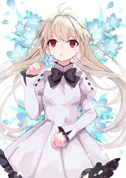  absurdres aged_down antenna_hair arcueid_brunestud black_bow black_bowtie blonde_hair blue_flower bow bowtie commentary_request dress eco-arc female fingernails floral_background flower frilled_dress frilled_skirt frilled_sleeves frills hair_between_eyes highres holding holding_flower juliet_sleeves kashuu_(pixiv_66328082) long_hair long_sleeves parted_lips petals puffy_sleeves red_eyes skirt solo tsukihime tsukihime_(remake) vampire white_background white_dress 