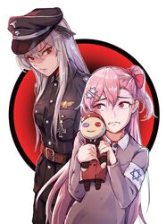  2girls armband bird commander_(girls&#039;_frontline) cross crying crying_with_eyes_open doll eagle girls&#039;_frontline glaring griffin_&amp;_kryuger_military_uniform hair_ribbon hat hexagram highres historical_connection iron_cross kar98k_(girls&#039;_frontline) korean_commentary military military_uniform multiple_girls nazi negev_(girls&#039;_frontline) niac peaked_cap pink_hair red_eyes ribbon star_of_david tears uniform waffen-ss white_hair world_war_ii 