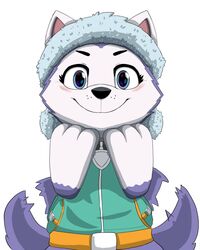  2019 4:5 anthro black_nose blue_eyes blush canid canine canis clothing collar diacordst domestic_dog everest_(paw_patrol) female front_view fur headgear headwear hi_res husky looking_at_viewer mammal nordic_sled_dog paw_patrol portrait purple_body purple_fur semi-anthro simple_background smile solo spitz tail tail_motion tailwag three-quarter_portrait white_background white_body white_fur young young_anthro 