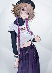  bag braid brown_hair clothes_lift crop_top female hair_between_eyes handbag idolmaster idolmaster_cinderella_girls lifting_own_clothes long_sleeves messy_hair mgg_(x_arte) midriff multicolored_hair navel ninomiya_asuka parted_lips purple_eyes purple_hair purple_skirt quad_braids shirt_lift skirt solo two-tone_hair 