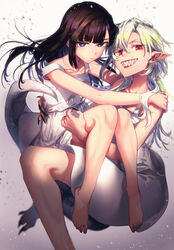  2girls bad_id bad_pixiv_id barefoot black_hair blue_eyes carrying dress fingernails grin highres long_hair monster_girl multiple_girls original pointy_ears princess_carry red_eyes sharp_fingernails sharp_teeth sharp_toenails slit_pupils smile tail taki_(tkai40) teeth toenails white_dress white_hair yuri 