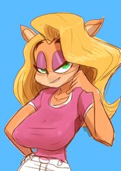  absurd_res activision anthro bandicoot big_breasts blonde_hair blue_background breasts crash_(series) dr._pizza_boi eyeshadow female green_eyes hair half-closed_eyes hi_res huge_breasts makeup mammal marsupial narrowed_eyes simple_background small_waist solo tawna_bandicoot 