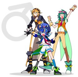  &gt;_&lt; 3boys asymmetrical_legwear belt black_gloves blonde_hair blue_eyes blue_hair boots coattails fingerless_gloves genderswap_(ftm) gloves goggles goggles_on_head green_hair gumiya hat lio_(vocaloid) male_focus mars_symbol mismatched_legwear multicolored_hair multiple_boys necktie oerba_yun_fang orange_belt otomachi_una outstretched_arm partially_fingerless_gloves protected_link rule_63 shorts socks streaked_hair uoshi_(uoshi777) vocaloid yellow_gloves 