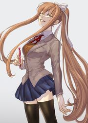  black_thighhighs blazer blue_skirt bow brown_hair doki_doki_literature_club female green_eyes hair_ribbon hairbow highres holding holding_pen jacket long_hair looking_at_viewer ma2_ereki monika_(doki_doki_literature_club) over-kneehighs pen ponytail ribbon school_uniform sidelocks skirt smile solo thighhighs very_long_hair white_bow white_ribbon 