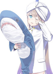  1other androgynous bad_id bad_pixiv_id bigur blonde_hair blue_eyes blue_hair blush brown_hair captain_nemo_(fate) dress fate/grand_order fate_(series) gradient_hair ikea_shark long_sleeves looking_at_viewer multicolored_hair nemo_(fate) one_eye_closed open_mouth sailor_dress solo stuffed_animal stuffed_shark stuffed_toy turban 