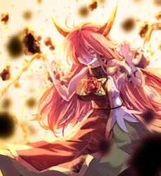  absurdres backlighting breasts brown_tabard commentary_request cowboy_shot explosion female flower green_skirt hair_over_one_eye highres horns ibaraki_douji_(touhou) ibaraki_kasen large_breasts leaf_print long_hair lower_teeth print_tabard red_flower red_hair red_rose rose skirt solo sunnysideup teeth touhou upper_teeth very_long_hair 