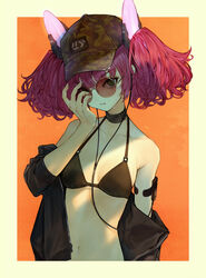  bikini black_bikini black_jacket camouflage camouflage_headwear choker collarbone commentary_request earbuds earphones female green_eyes hat jacket looking_at_viewer mgg_(x_arte) navel original pink_hair round_eyewear short_hair short_twintails solo sunglasses swimsuit twintails two-tone_background upper_body 