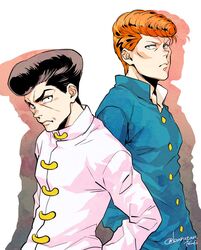  2boys black_hair blue_jacket creator_connection crossover hunter_x_hunter imuro jacket knuckle_bine kuwabara_kazuma looking_at_viewer male_focus multiple_boys orange_hair pompadour sarayashiki_junior_high_school_uniform school_uniform short_hair upper_body white_jacket yu_yu_hakusho 