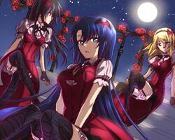  3girls aqua_eyes athrun_zala bat_hair_ornament black_hair black_hairband black_legwear blonde_hair blue_eyes blue_hair character_request check_character collared_shirt crossed_legs dress dress_shirt floating_hair flower full_moon garter_straps genderswap_(mtf) gundam gundam_seed gundam_seed_destiny hair_between_eyes hair_ornament hairband halloween halloween_costume idolmaster long_dress long_hair looking_at_viewer moon morihaw multiple_girls my_dear_vampire_(idolmaster) outdoors pinafore_dress red_dress red_eyes red_flower red_rose rey_za_burrel rose rule_63 shinn_asuka shirt short_sleeves sitting sky sleeveless sleeveless_dress stairs star_(sky) starry_sky thighhighs twintails very_long_hair white_shirt wing_collar zettai_ryouiki 