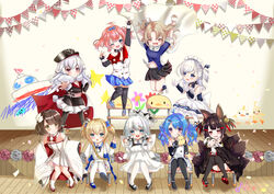  6+girls :d :o ;d ^_^ absurdres ahoge aiguillette akagi-chan_(azur_lane) american_flag_legwear anchor_necklace animal animal_ears apron arm_up arms_up azur_lane bare_shoulders bell bird black_dress black_footwear black_gloves black_headwear black_kimono black_pantyhose black_skirt black_thighhighs blonde_hair blue_bow blue_capelet blue_dress blue_eyes blue_footwear blue_hair blue_skirt blunt_bangs blush bow bowtie bracelet braid breasts brown_hair cape capelet chair character_doll chick child&#039;s_drawing choker clenched_hands clevelad_(azur_lane) closed_eyes coat_dress collar collarbone collared_dress commander_(azur_lane) commentary_request confetti cross detached_collar doll double_v dress elbow_gloves fake_wings fingerless_gloves fox_ears fox_girl fox_tail french_braid frilled_apron frills full_body fur-trimmed_cape fur_trim gloves gold_trim group_picture hair_bell hair_between_eyes hair_intakes hair_ornament hairbow hairclip hand_on_own_hip hat hiei-chan_(azur_lane) highres holding holding_animal holding_doll horns index_finger_raised iron_cross japanese_clothes jewelry jumping kimono knees_together_feet_apart lace-trimmed_headwear lace_trim lena_(azur_lane) li&#039;l_sandy_(azur_lane) little_bel_(azur_lane) little_illustrious_(azur_lane) little_renown_(azur_lane) long_hair long_sleeves looking_at_another looking_at_viewer low_twintails maid_apron maid_headdress manjuu_(azur_lane) metal_collar midriff_peek military_hat multicolored_cape multicolored_clothes multiple_girls multiple_tails nako_nya navel necklace necktie on_chair one_eye_closed one_side_up open_mouth outstretched_arm pantyhose parted_bangs peaked_cap pink_eyes pleated_dress pleated_skirt red_bow red_bowtie red_eyes red_footwear red_hair red_necktie red_skirt ribbon sakuramon shadow shirt shoes short_hair sidelocks signature sitting skirt sleeveless sleeveless_dress sleeveless_shirt small_breasts smile socks stage standing standing_on_chair star_(symbol) star_print strapless strapless_dress string_of_flags tail thighhighs tilted_headwear twintails two_side_up v very_long_hair waist_apron white_apron white_cape white_dress white_footwear white_gloves white_hair white_headwear white_pantyhose white_shirt white_socks white_thighhighs wide_sleeves wings zeppy_(azur_lane) zettai_ryouiki 