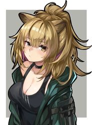  animal_ears arknights black_choker black_tank_top blonde_hair border breasts brown_eyes choker cleavage collarbone commentary_request female green_jacket grey_background hair_between_eyes idashige_(walkietalkie) jacket lion_ears long_hair long_sleeves looking_at_viewer medium_breasts official_alternate_costume partial_commentary ponytail siege_(arknights) siege_(legacy)_(arknights) solo tank_top upper_body white_border 