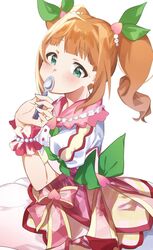  blush bow bracelet collar curly_hair dress dress_bow female flower_skirt food-themed_hair_ornament frilled_bracelet frilled_collar frilled_dress frills green_bow green_eyes hair_bobbles hair_ornament hairbow highres holding holding_spoon idolmaster idolmaster_(classic) idolmaster_million_live! idolmaster_million_live!_theater_days jewelry katsu_(kana) looking_at_viewer orange_hair peach_hair_ornament pearl_bracelet pink_dress puffy_short_sleeves puffy_sleeves shadow short_sleeves spoon takatsuki_yayoi twintails white_background 