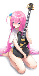  artist_name bare_legs barefoot blue_eyes blue_panties blush bocchi_the_rock! collarbone cube_hair_ornament electric_guitar embarrassed feet female gibson_les_paul gotoh_hitori guitar hair_ornament highres holding holding_instrument instrument legs looking_at_viewer no_pants panties pink_hair pistachiocream plectrum plectrum_in_mouth seiza shirt short_hair short_sleeves sidelocks simple_background sitting solo sweatdrop t-shirt thighs toes underwear very_short_hair white_background white_shirt 