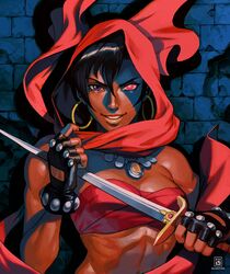  against_wall bandeau black_gloves black_hair breasts commentary dark-skinned_female dark_skin dungeons_&amp;_dragons dungeons_&amp;_dragons:_shadow_over_mystara earrings english_commentary female fingerless_gloves gloves grin heterochromia hood hood_up hoop_earrings jewelry lips looking_at_viewer moriah necklace nishimura_kinu_(style) official_style parody pink_eyes red_hood red_scarf ribs scarf short_hair short_sword simon_stafsnes_andersen small_breasts smile solo stomach studded_gloves style_parody sword toned upper_body weapon 