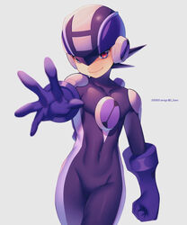  1boy arm_at_side artist_name blurry bodysuit clenched_hand closed_mouth commentary_request covered_collarbone covered_navel cowboy_shot dark_megaman.exe dark_persona dated depth_of_field grey_background helmet highres male_focus mega_man_(series) mega_man_battle_network_(series) mega_man_battle_network_5 megaman.exe netnavi outstretched_hand purple_bodysuit purple_headwear red_eyes short_hair simple_background smile solo standing twitter_username zero-go 