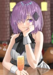  alternate_costume bad_id bad_pixiv_id bare_shoulders black_ribbon blush breasts commentary cup dress drink drinking_glass eyes_visible_through_hair fate/grand_order fate/grand_order_waltz_in_the_moonlight/lostroom fate_(series) female formal hair_ornament hair_over_one_eye hand_on_own_cheek hand_on_own_chin hand_on_own_face highres indoors kazama_(akki12) large_breasts light_purple_hair lips looking_at_viewer mash_kyrielight mash_kyrielight_(under_the_same_sky) neck_ribbon official_alternate_costume pink_lips purple_eyes ribbon see-through short_hair sleeveless sleeveless_dress smile solo upper_body white_dress wrist_cuffs 