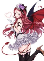  bare_shoulders bat_wings black_bow black_thighhighs bow breasts commentary demon_tail epis female flower gloves heart high_heels king&#039;s_raid large_breasts long_hair mieux0_0 red_eyes red_hair simple_background smile solo tail thighhighs white_background wings 