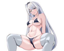  alternate_costume bikini black_bikini breasts closed_mouth collarbone female fuyutsuki_(kancolle) grey_eyes grey_hair grey_thighhighs groin headgear highres invisible_chair kantai_collection long_hair medium_breasts navel one_side_up sitting solo sora_(sora_clear_sky) spread_legs string_bikini swimsuit thighhighs very_long_hair white_background 