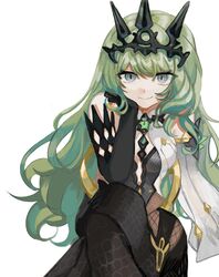  :o absurdres asymmetrical_gloves bad_id bad_pixiv_id bare_shoulders black_dress black_gloves breasts cleavage closed_mouth crossed_legs dress elbow_gloves female gloves green_eyes green_hair hair_between_eyes headpiece highres honkai_(series) honkai_impact_3rd long_hair looking_at_viewer mobius_(honkai_impact) simple_background sleeveless sleeveless_dress smile solo tsuzuki908 wavy_hair white_background 