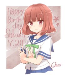  artist_name blue_skirt blush bow brown_hair dated double_v female green_bow happy_birthday koisuru_asteroid looking_at_viewer quro_(black_river) sakurai_mikage school_uniform serafuku short_hair short_sleeves signature simple_background skirt smile solo sweatdrop upper_body v 