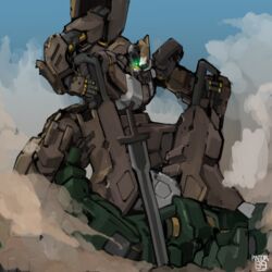  absurdres bad_id bad_pixiv_id glowing glowing_eyes graze_(mobile_suit) green_eyes gundam gundam_gusion_rebake gundam_tekketsu_no_orphans highres holding holding_weapon looking_down mecha mobile_suit moku_(pintor09) no_humans robot science_fiction sky smoke weapon 