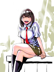  black_socks brown_hair closed_eyes commentary_request crossed_legs female fingernails green_skirt highres medium_hair necktie open_mouth original photoshop_(medium) red_necktie shiitake_gensui shirt short_sleeves sitting skirt smile socks solo teeth upper_teeth_only white_shirt wing_collar 