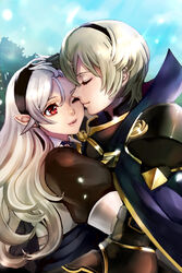  1boy black_hairband blonde_hair blue_cape cape closed_eyes closed_mouth commentary_request corrin_(female)_(fire_emblem) corrin_(fire_emblem) day female fire_emblem fire_emblem_fates from_side grey_hair hairband leo_(fire_emblem_fates) long_hair one_eye_closed outdoors parted_lips pointy_ears red_eyes shinmanawa smile upper_body very_long_hair 