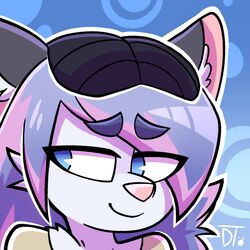  1:1 ambiguous_gender american_opossum blue_background blue_eyes cheek_tuft clothing dynamo_toon eye_through_hair facial_tuft fur grey_body grey_ears grey_fur hair half-closed_eyes hat headgear headwear hi_res highlights_(coloring) icon inner_ear_fluff looking_aside looking_away mammal marsupial multicolored_hair narrowed_eyes pattern_background pink_hair pink_highlights pink_nose purple_hair shy signature simple_background smile solo translucent translucent_hair tuft virginia_opossum white_body white_fur 