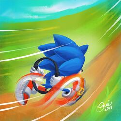  1boy commentary english_commentary furry furry_male joy-con male_focus omni_jacala procreate_(medium) red_footwear ring-con ring_fit_adventure running shoes signature sneakers sonic_(series) sonic_the_hedgehog speed_lines super_peel_out trait_connection wheel_o_feet 