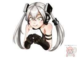  2girls bad_id bad_twitter_id bare_shoulders blush_stickers carcano_m1891_(girls&#039;_frontline) collarbone destroyer_(girls&#039;_frontline) food food_on_face girls&#039;_frontline grey_hair happy long_hair multiple_girls onigiri rob_110101101 sangvis_ferri sidelocks smile solo_focus translation_request twintails very_long_hair yellow_eyes 