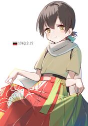  black_hair blue_ribbon brown_eyes commentary dated female folded_ponytail hair_ribbon hakama_hold highres kantai_collection kasuga_maru_(kancolle) long_hair multicolored_clothes ribbon scarf simple_background solo swept_bangs symbol-only_commentary taiyou_(kancolle) taiyou_kai_ni_(kancolle) white_background white_scarf yamashichi_(mtseven) 