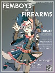  2022 3:4 4_fingers anthro canid canine canis clothed clothing cover crossdressing domestic_dog dress english_text femboy fingers footwear gun hat headgear headwear hi_res hk416 legwear magazine_cover male male_anthro mammal marcus_gray neptune_starlight qr_code ranged_weapon solo text trigger_discipline weapon witch_costume witch_hat 