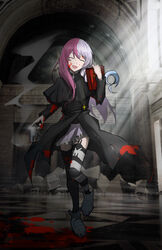  #compass :d absurdres asymmetrical_legwear black_coat blood blood_on_clothes blood_on_face closed_eyes coat cross cross_necklace facing_viewer female floating_hair grey_skirt gun hair_between_eyes handgun head_tilt highres holding holding_gun holding_weapon indoors jewelry long_hair long_sleeves megumegu miniskirt necklace night open_mouth pink_hair pleated_skirt skirt smile smoke solo spwhitebs striped_clothes striped_thighhighs thighhighs uneven_legwear weapon zettai_ryouiki 