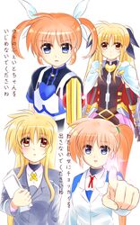  2girls age_progression angry black_ribbon blonde_hair blush couple energy fate_testarossa fate_testarossa_(blaze_form_ii) glaring hair_ribbon highres kerorokjy lyrical_nanoha mahou_shoujo_lyrical_nanoha_detonation mahou_shoujo_lyrical_nanoha_reflection mahou_shoujo_lyrical_nanoha_strikers multiple_girls open_mouth orange_hair purple_eyes raising_heart red_eyes ribbon short_twintails side_ponytail surprised takamachi_nanoha translation_request tsab_air_military_uniform tsab_executive_military_uniform twintails uniform white_ribbon yuri 